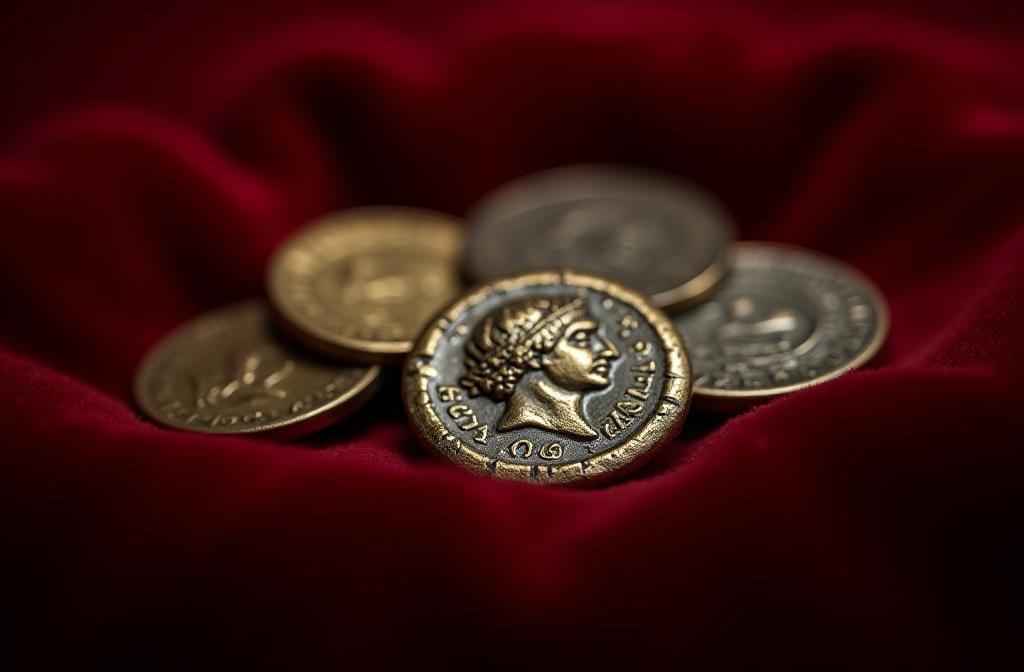 Macro shot of several ancient Roman coins on dark red velvet.